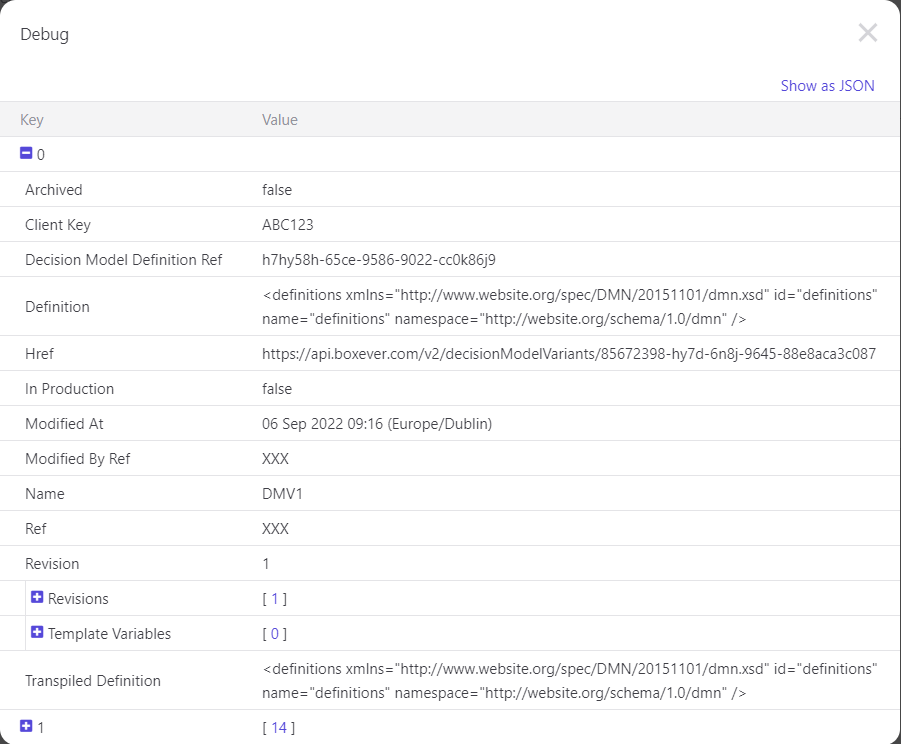 Viewing debug mode in table format.