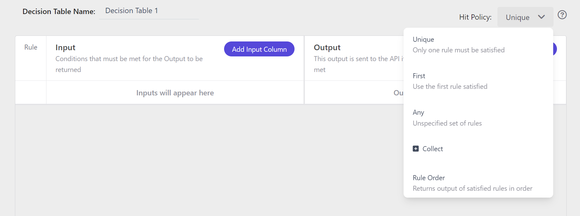 Hit policy options in a Decision Table