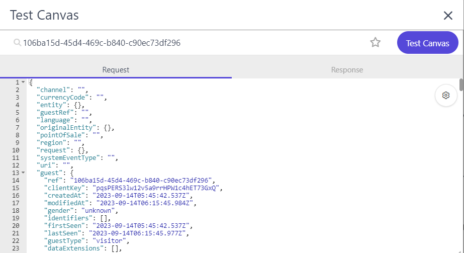 The Request tab in the Test Canvas shows the guest context that the decision model uses.