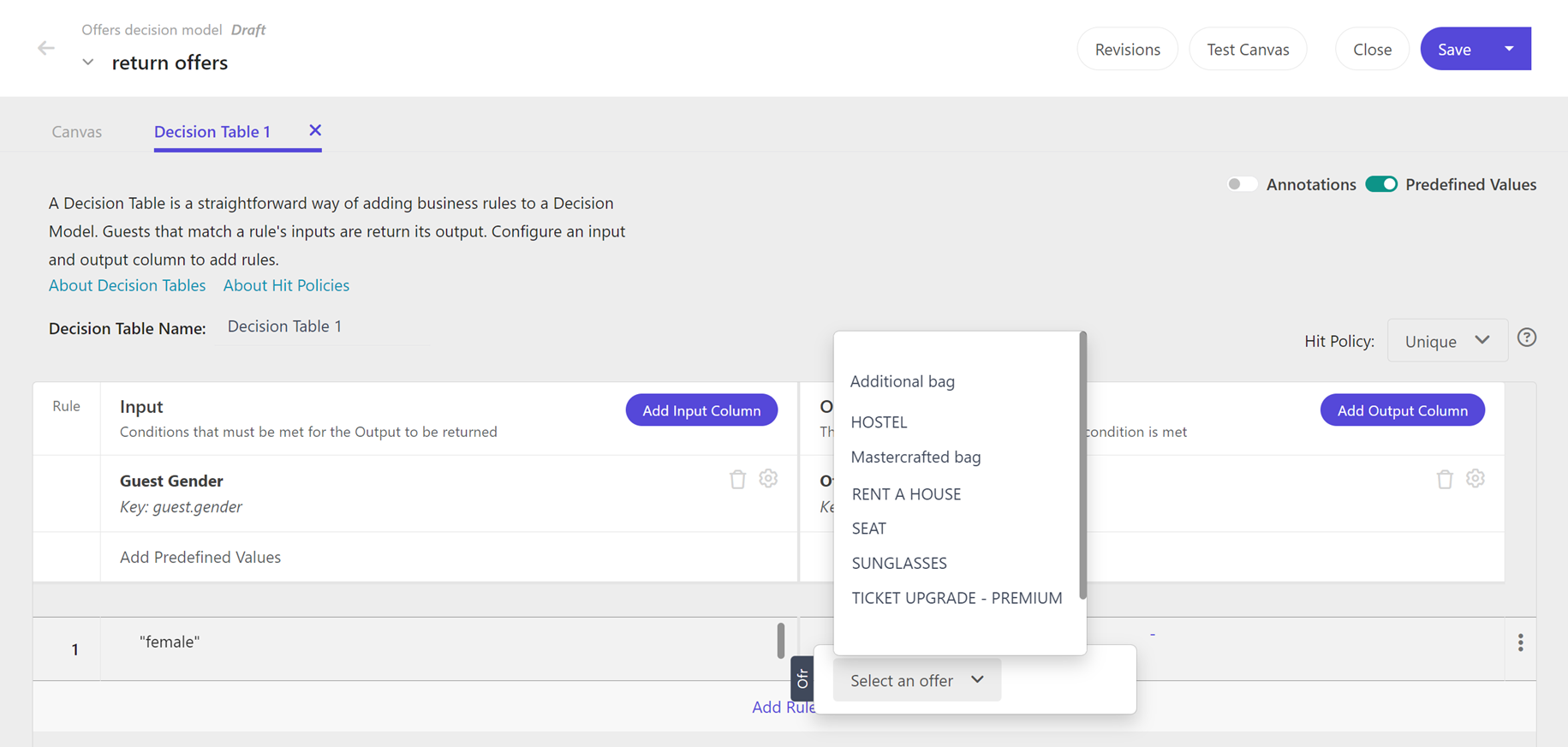 The prepopulated list of offers that display when you add rules to the decision table.