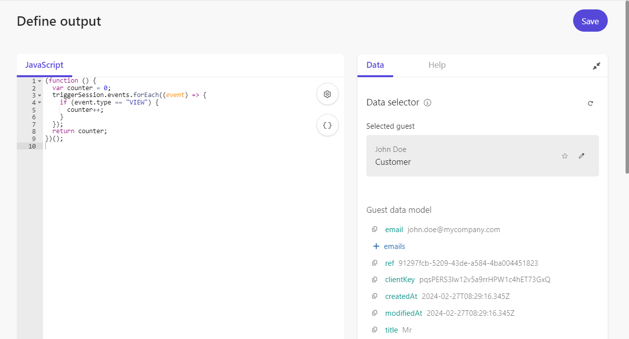 Write a custom JavaScript code in the code editor to define the value you want to capture in the session trait.