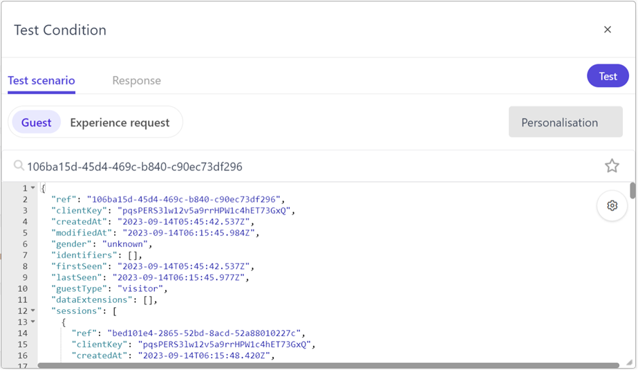 Selecting a specific guest for API request testing in a web experience displays the guest attributes.