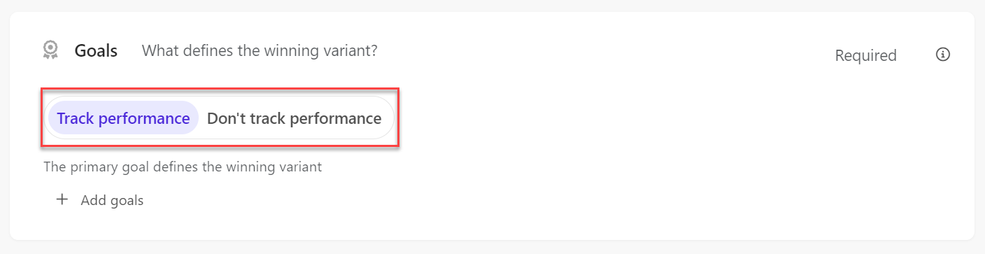 Experiment performance tracking options in the Goals tile in Sitecore Personalize.