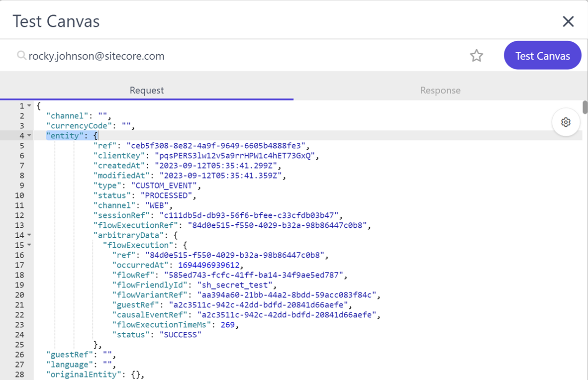 Testing a triggered experience by adding the entire event data of a custom event to the entity object.