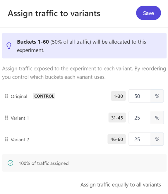 The Assign traffic to variants pane is used to distribute the allocated traffic to experiment variants using bucket ranges.