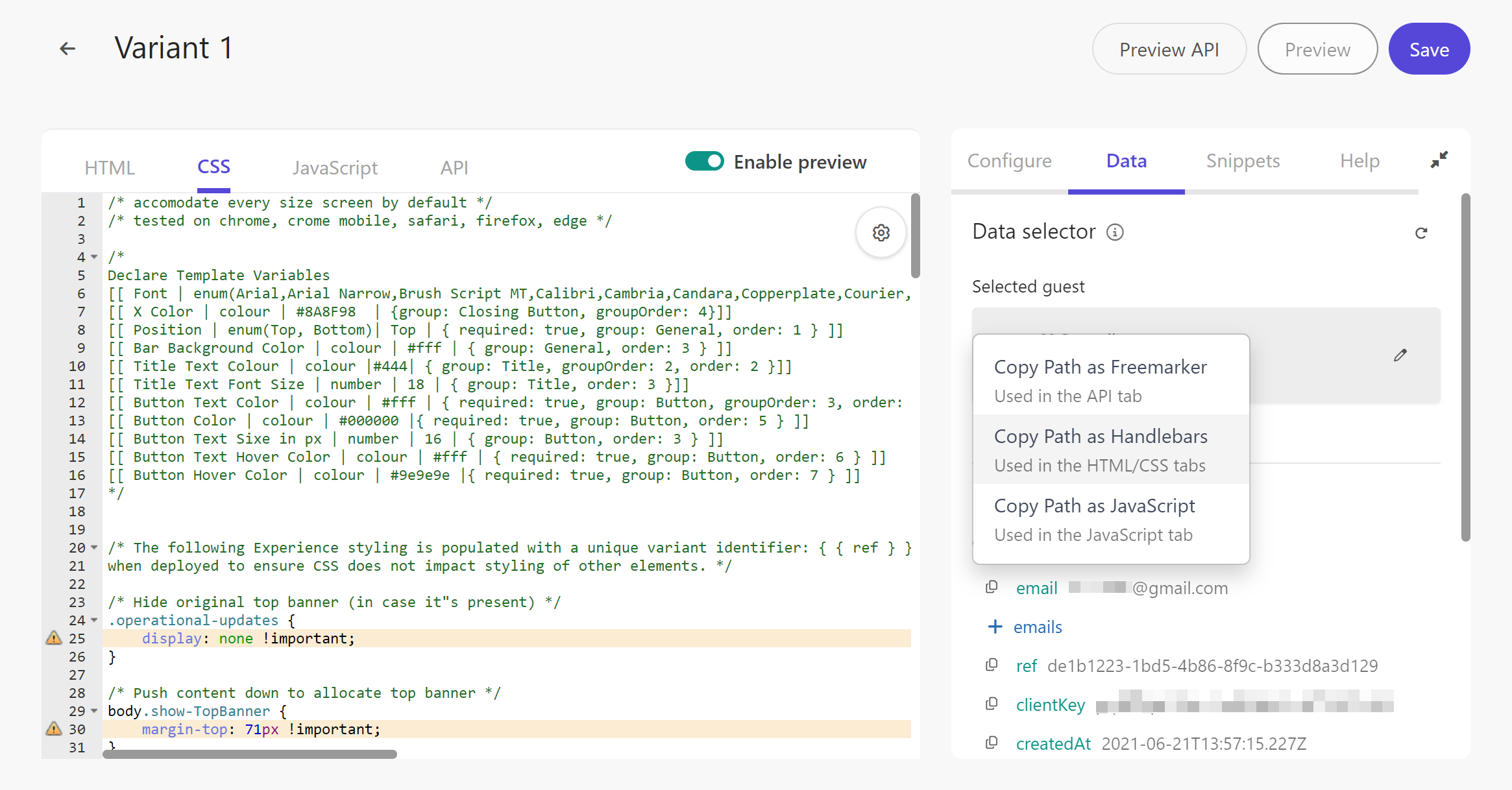 Editing the HTML to apply personalization in a variant.