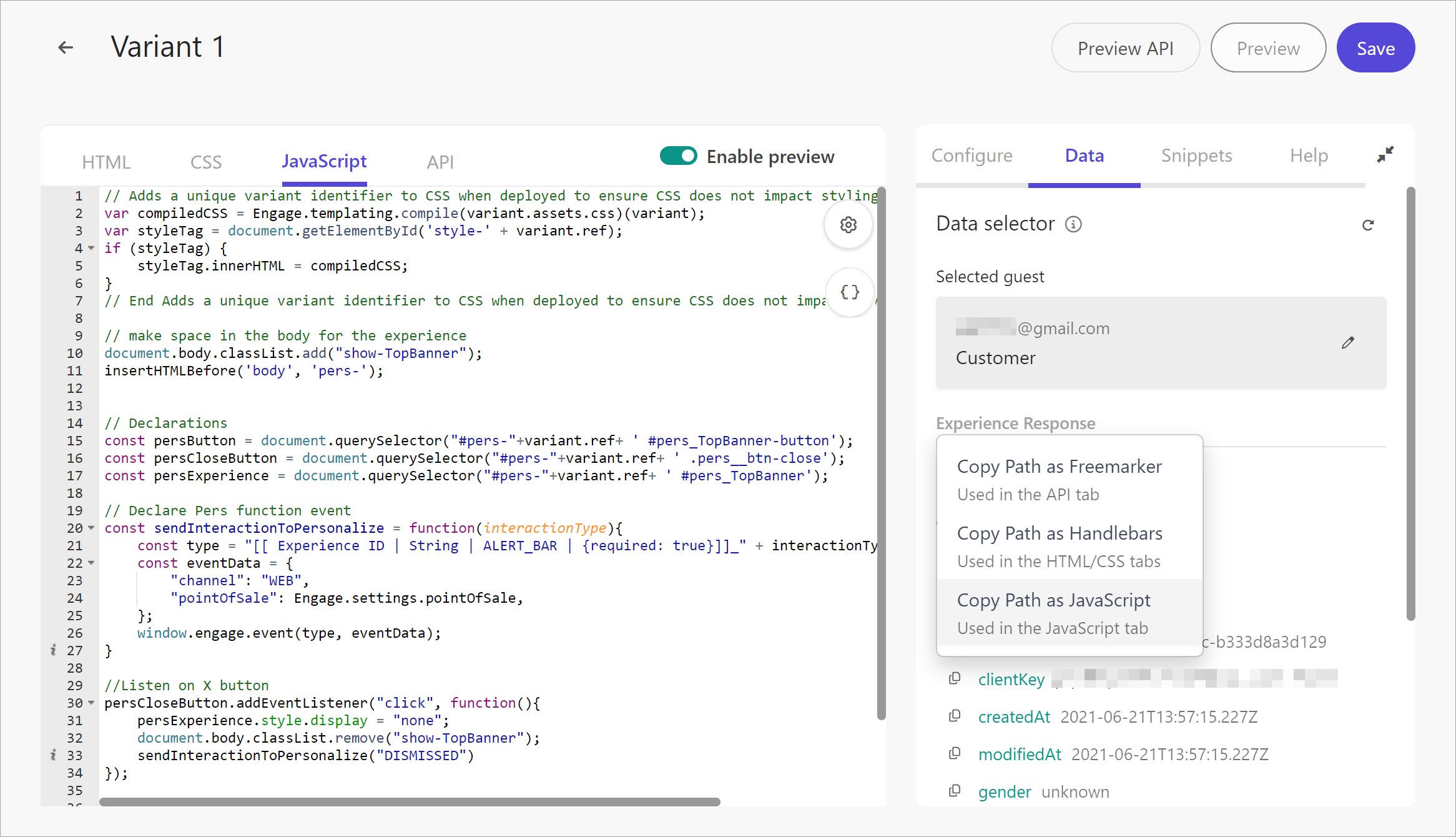 Editing the JavaScript to apply personalization in a variant.