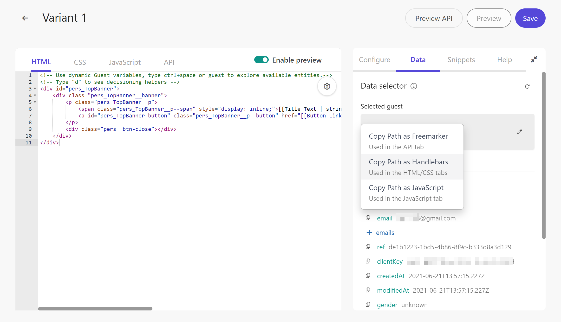 Editing the HTML to apply personalization in a variant.