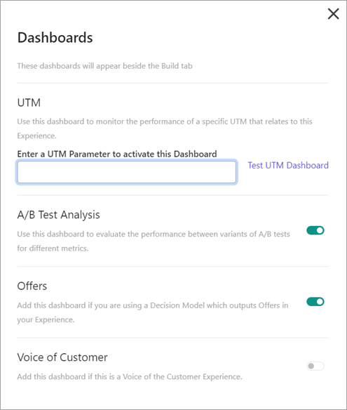 The Dashboards dialog lets you manually enable the UTM report and Voice of Customer report.