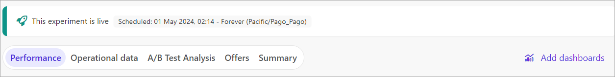 Dashboards available by default in the menu bar for an experiment.