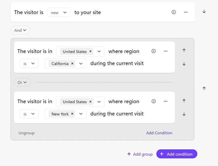 Combination of a condition and a group of conditions to filter an audience