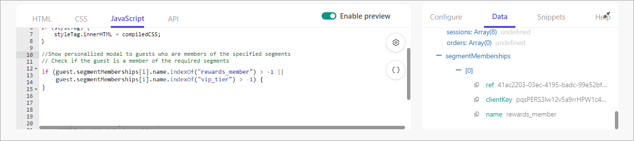 Using segment memberships from the guest data model in the JavaScript.