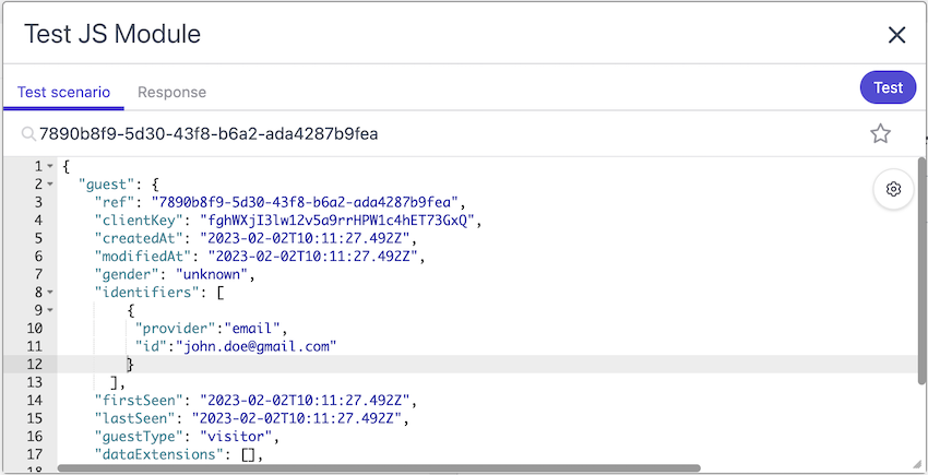 The Test JS module dialog