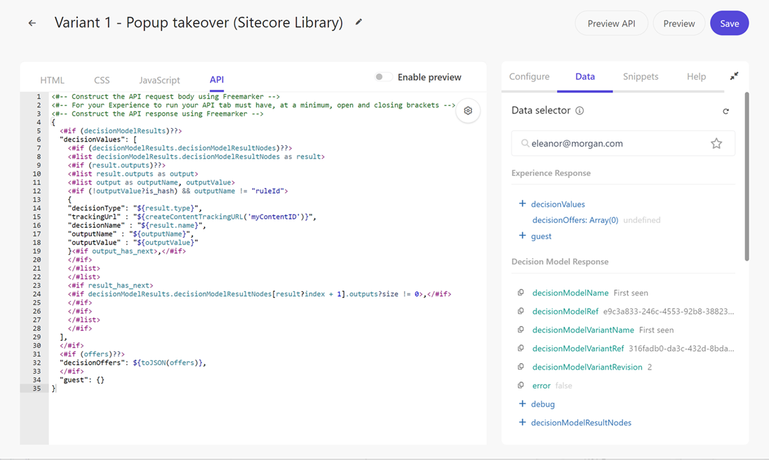 Copying experience response to the API request.