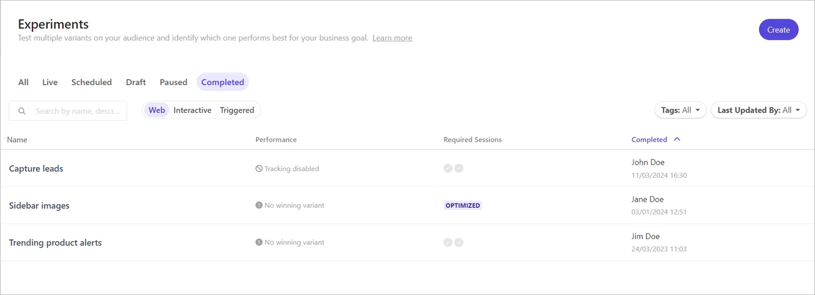 The list of completed experiments in Sitecore Personalize
