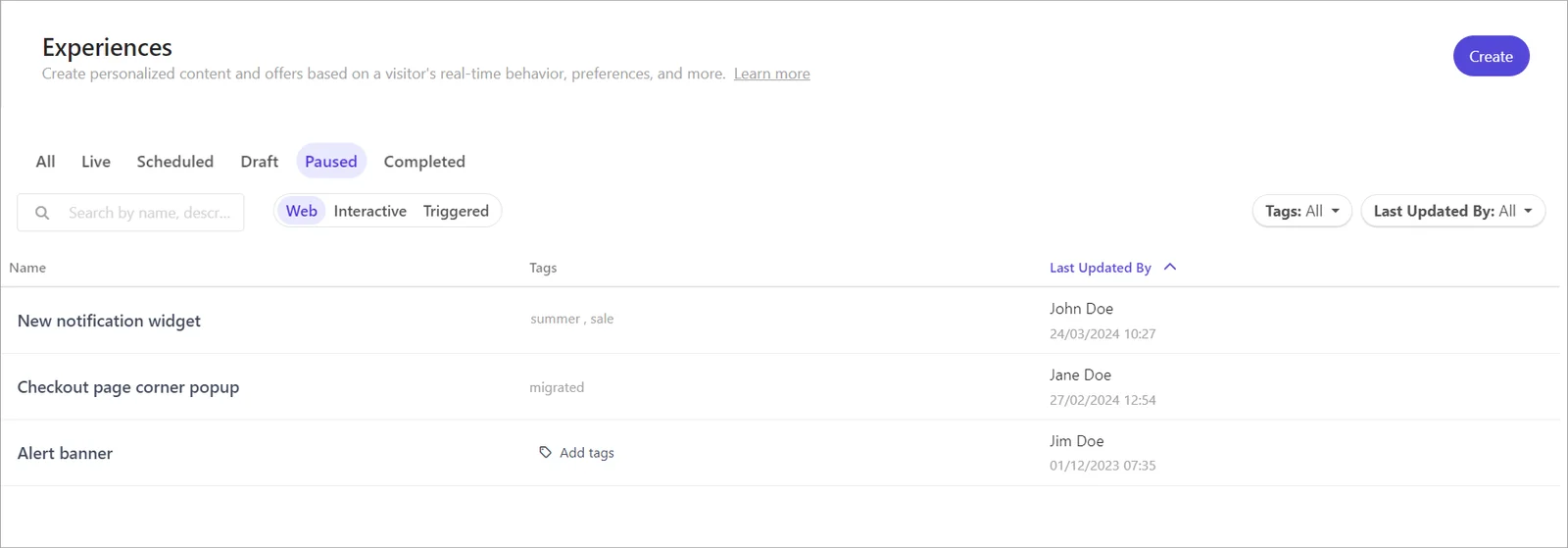 The list of paused experiences in Sitecore Personalize
