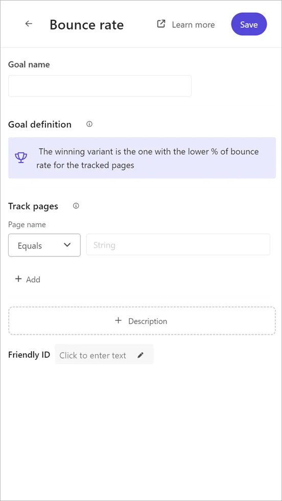 Adding a bounce rate goal to an experiment in Sitecore Personalize.