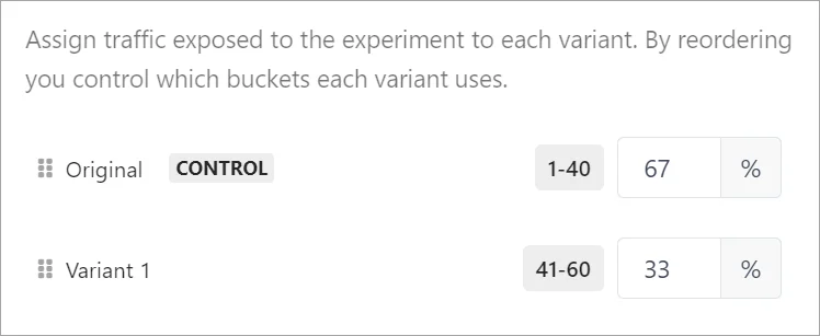 An example of using buckets in Sitecore Personalize to assign the allocated traffic to variants. Of the 60 buckets allocated to the experiment, 1-40 buckets are assigned to the control and 41-60 buckets to the variant.