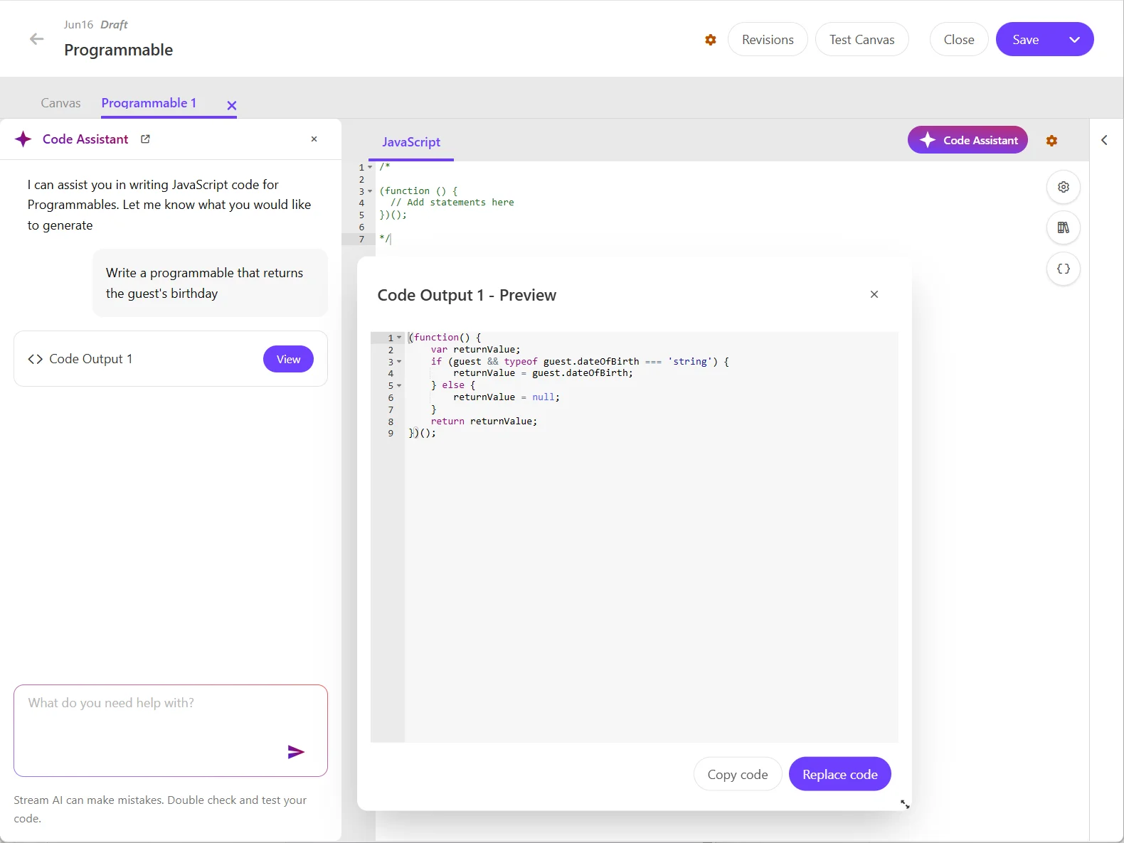 The AI-generated code is labeled with a version number in the left-hand pane.