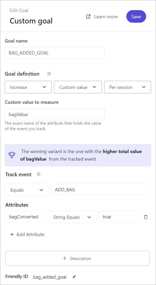 Adding a custom goal to an experiment in Sitecore Personalize.