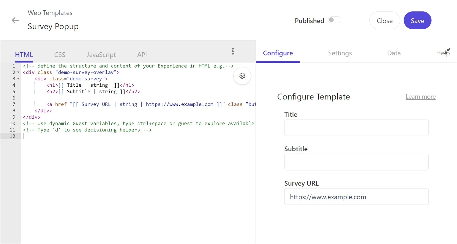 Configuring HTML in a web template.