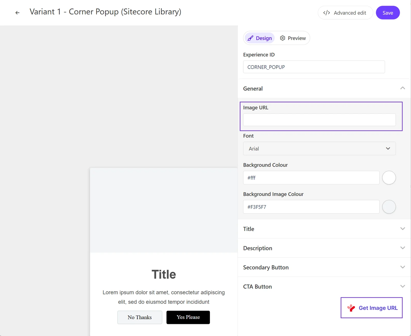 Find the Image URL then click Get Image URL to select a Content Hub asset.