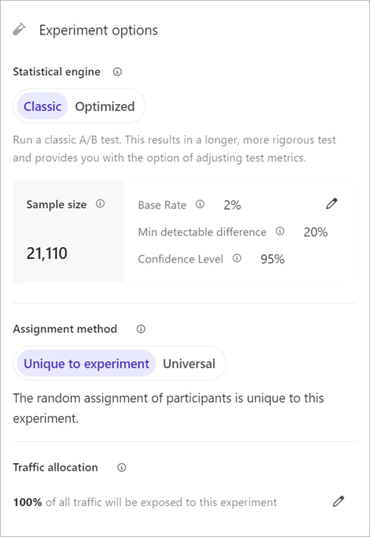 The Experiment options pane lets you select the statistical engine and assignment method, and edit the traffic allocation.