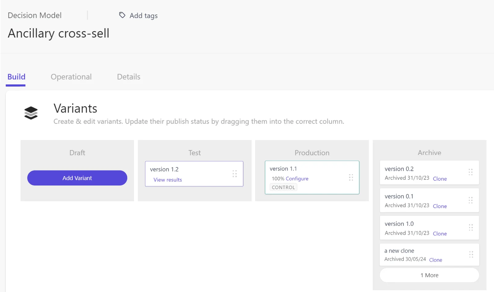 The Decision Model Profile page displays the different decision model variants and their states.