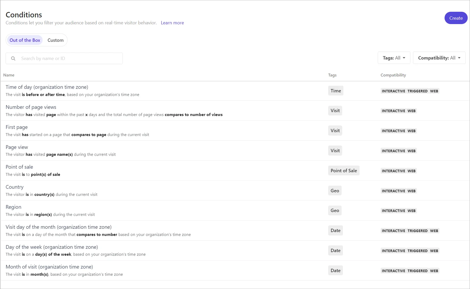 Conditions page showing out-of-the-box conditions.