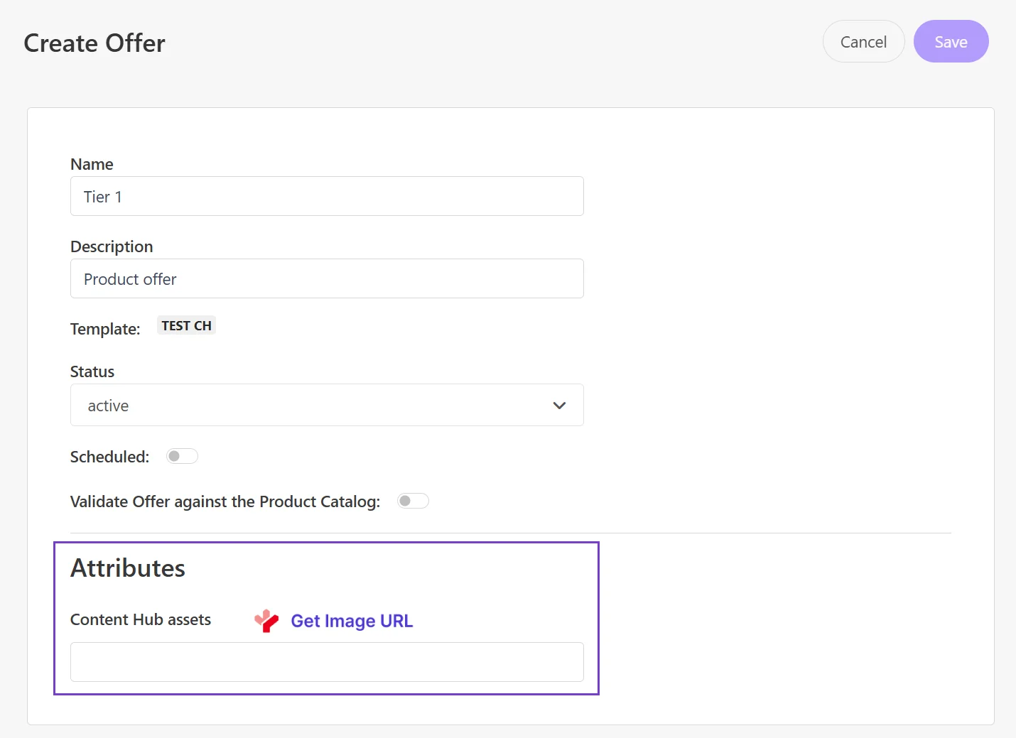 Find the Image URL field in your offer then click Get Image URL to select a Content Hub asset.