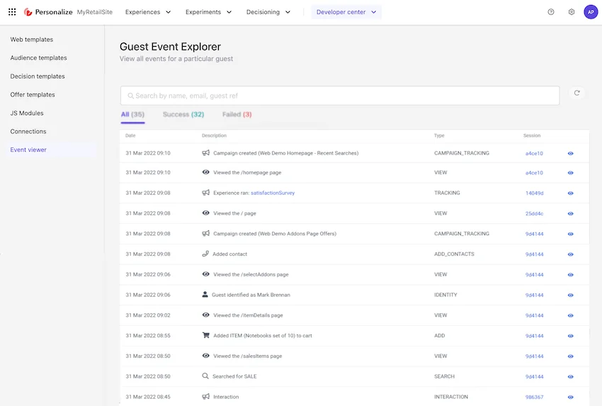 Guest Event Explorer screen in Sitecore Personalize.