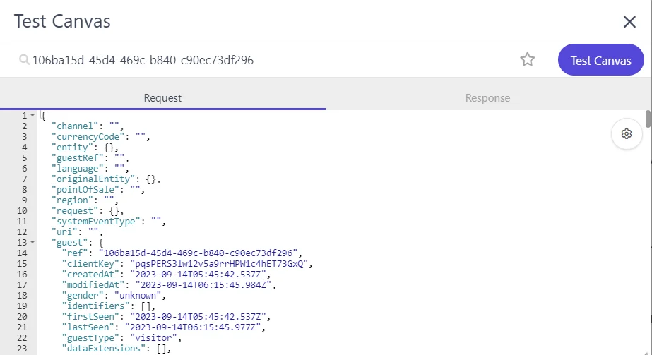 The Request tab in the Test Canvas shows the guest context that the decision model uses. The Request tab in the Test Canvas shows the guest context that the decision model uses.