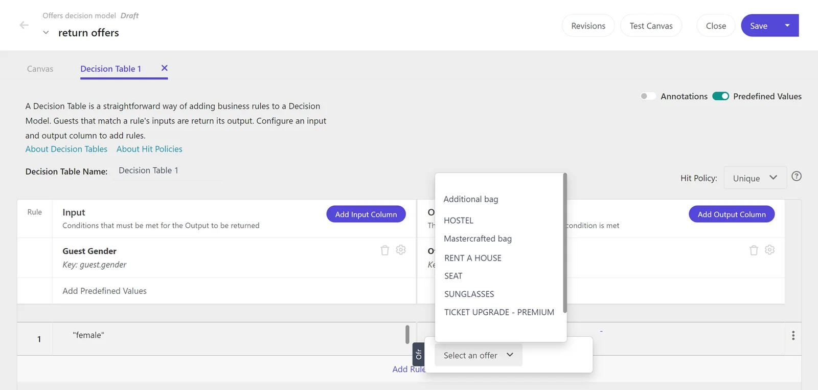 The prepopulated list of offers that display when you add rules to the decision table. The prepopulated list of offers that display when you add rules to the decision table.