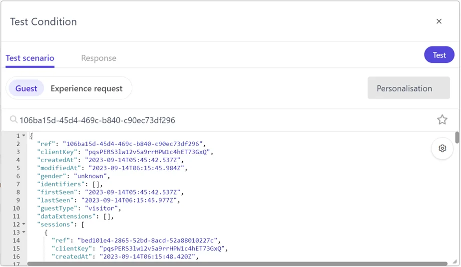 Selecting a specific guest for API request testing in a web experience displays the guest attributes. Selecting a specific guest for API request testing in a web experience displays the guest attributes.