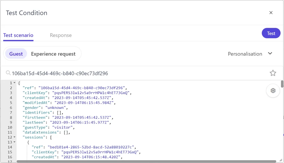 Selecting a specific guest for API response testing in an interactive experiment displays the guest attributes.
