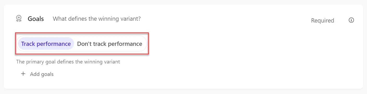 Experiment performance tracking options in the Goals tile in Sitecore Personalize.