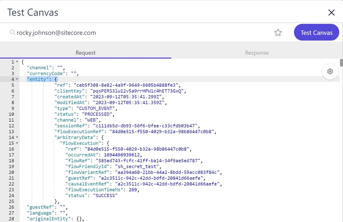 Testing a triggered experience by adding the entire event data of a custom event to the entity object. Testing a triggered experience by adding the entire event data of a custom event to the entity object.