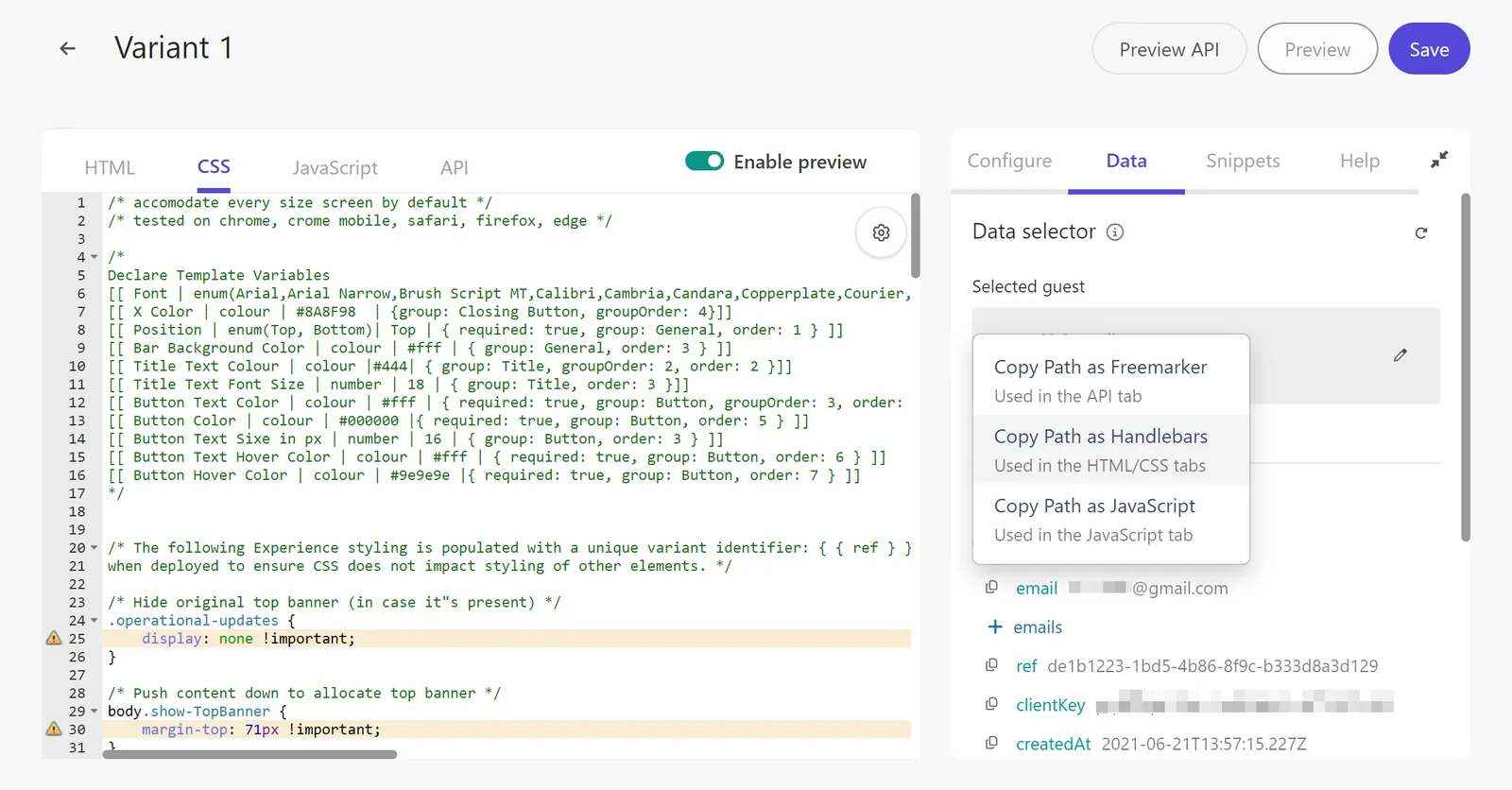 Editing the HTML to apply personalization in a variant.