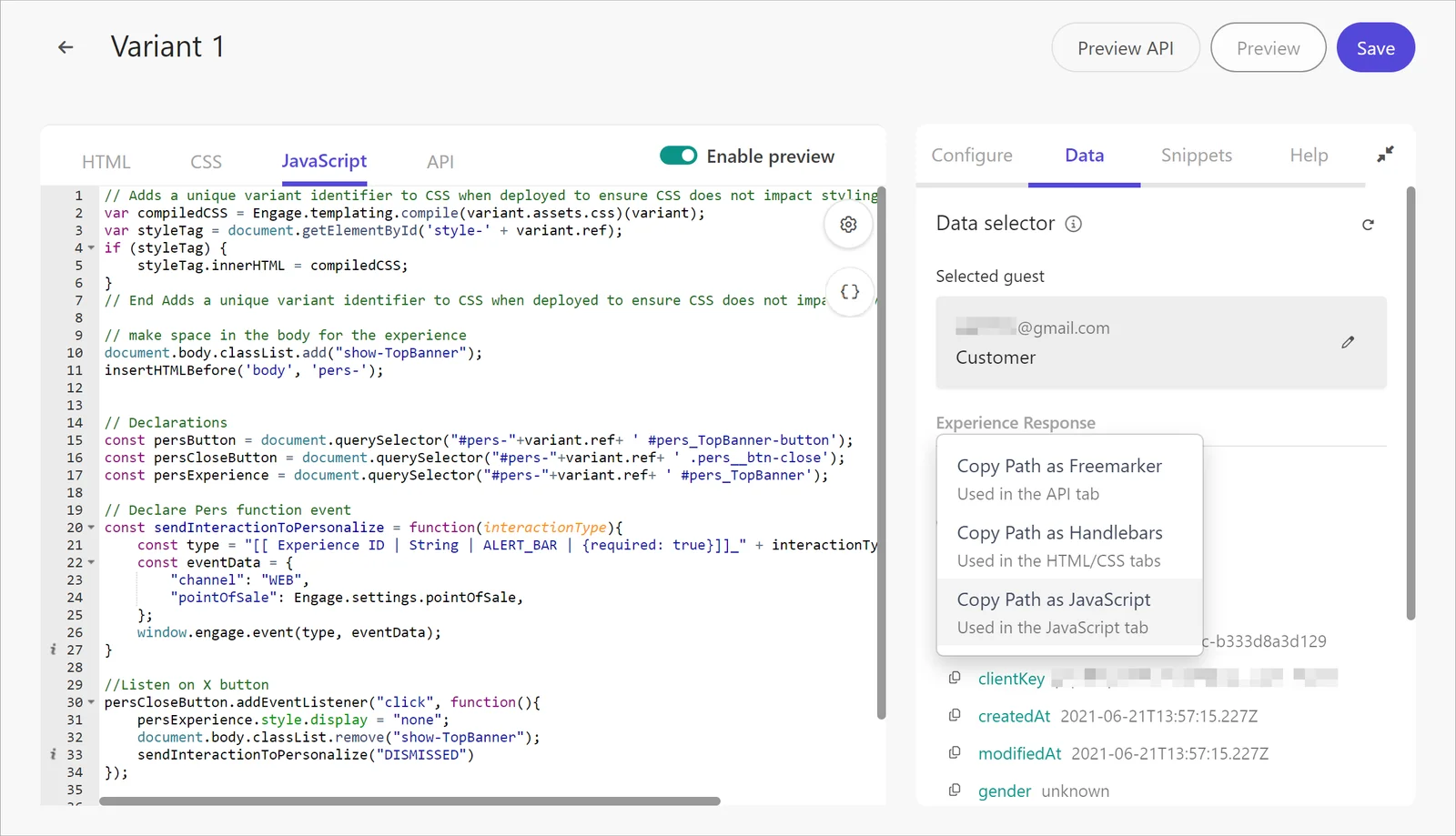 Editing the JavaScript to apply personalization in a variant.