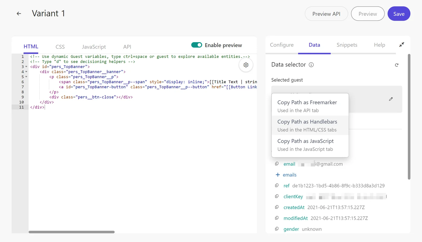 Editing the HTML to apply personalization in a variant.