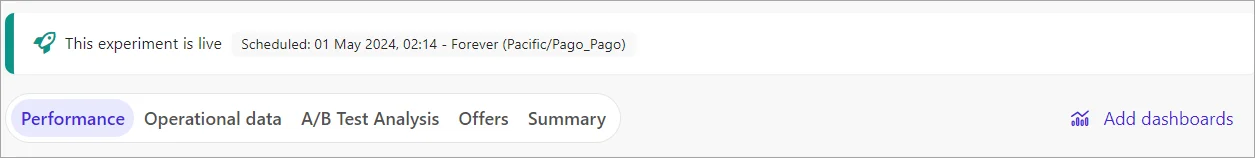 Dashboards available by default in the menu bar for an experiment.