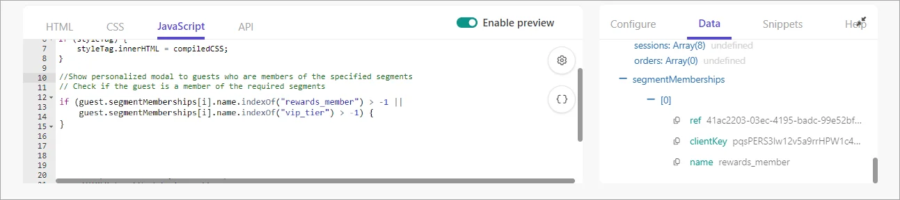 Using segment memberships from the guest data model in the JavaScript.