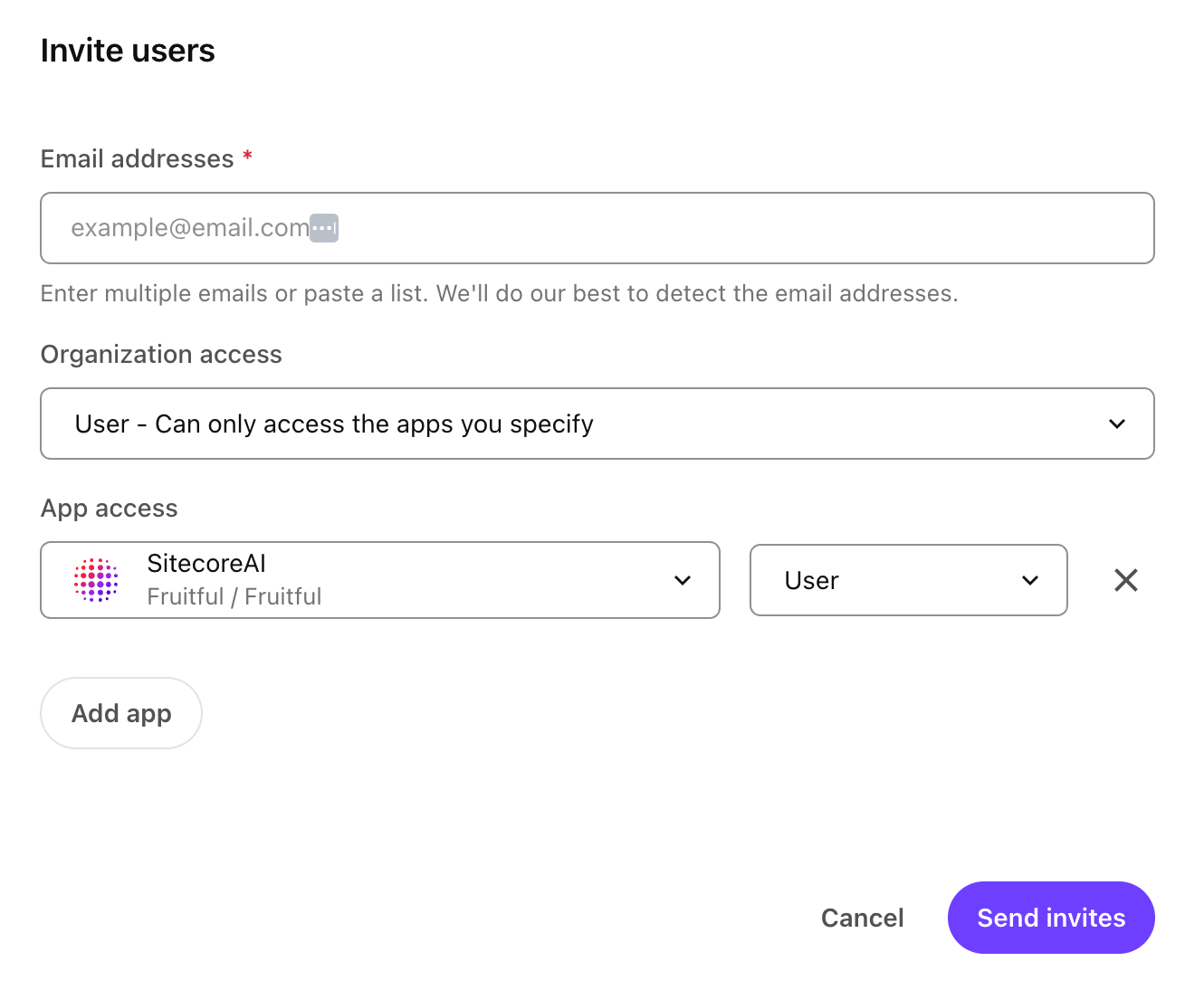 Details required to invite new members to the current organization, including their email addresses, the organization role to assign them, and any app roles for Organization Users. Details required to invite new members to the current organization, including their email addresses, the organization role to assign them, and any app roles for Organization Users.