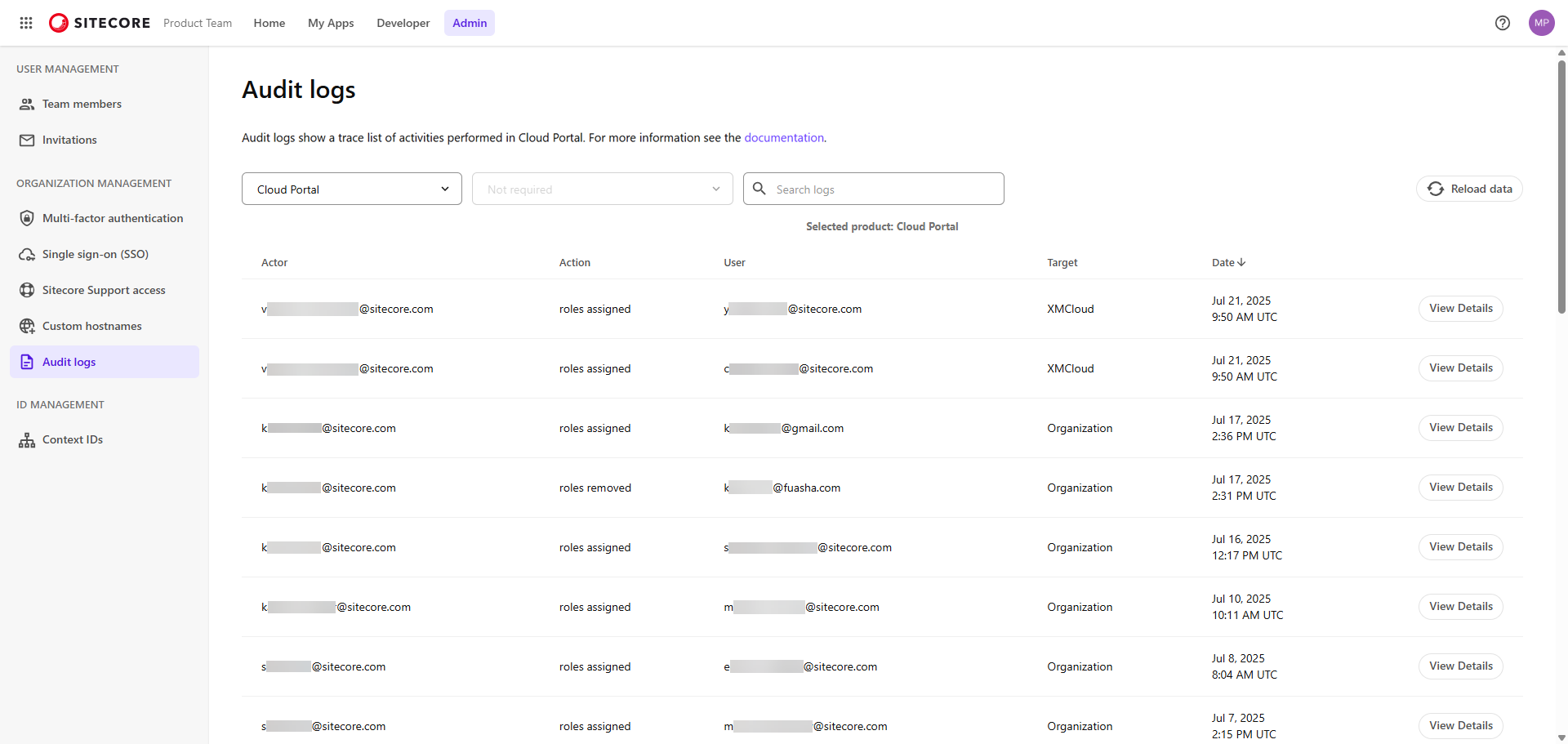The Audit logs page showing various activities for Sitecore Cloud Portal. The Audit logs page showing various activities for Sitecore Cloud Portal.