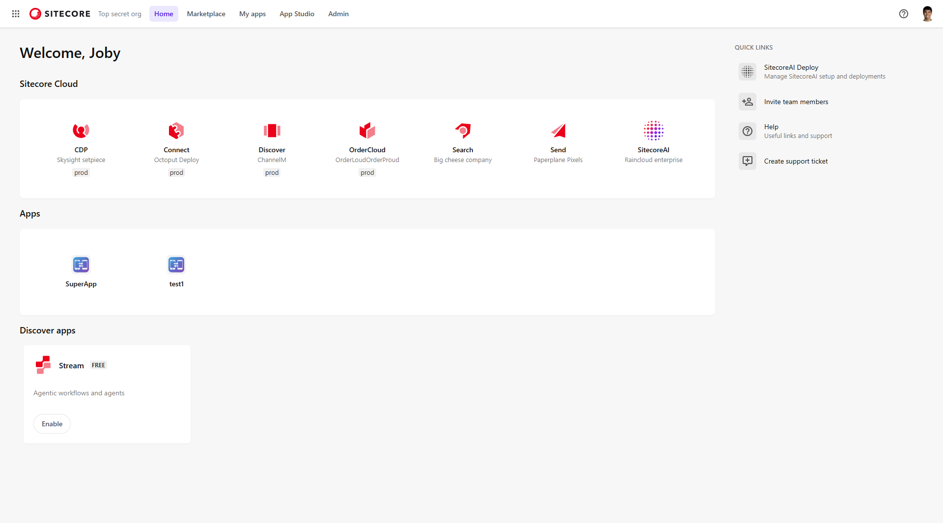 The Sitecore Cloud Portal home page.