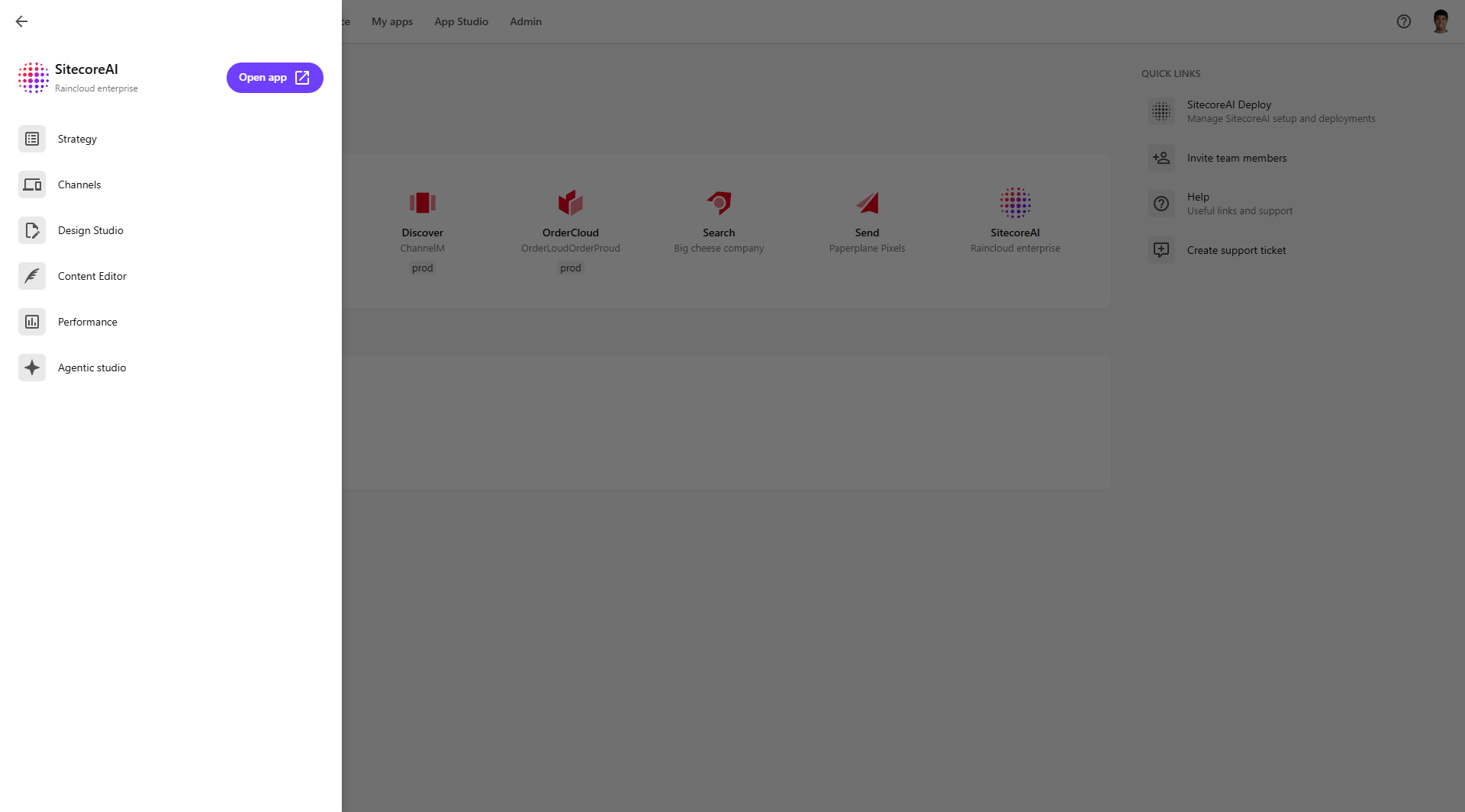 The left-hand app pane, accessed using the switcher.