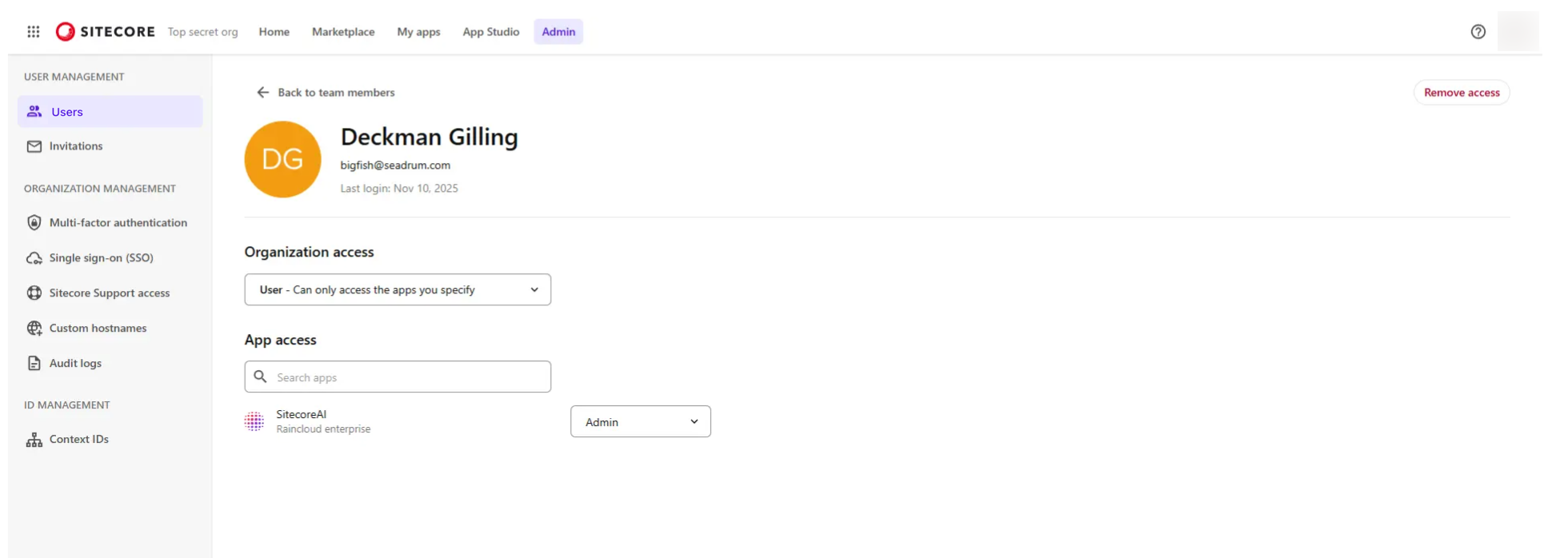 The access page of a team member.