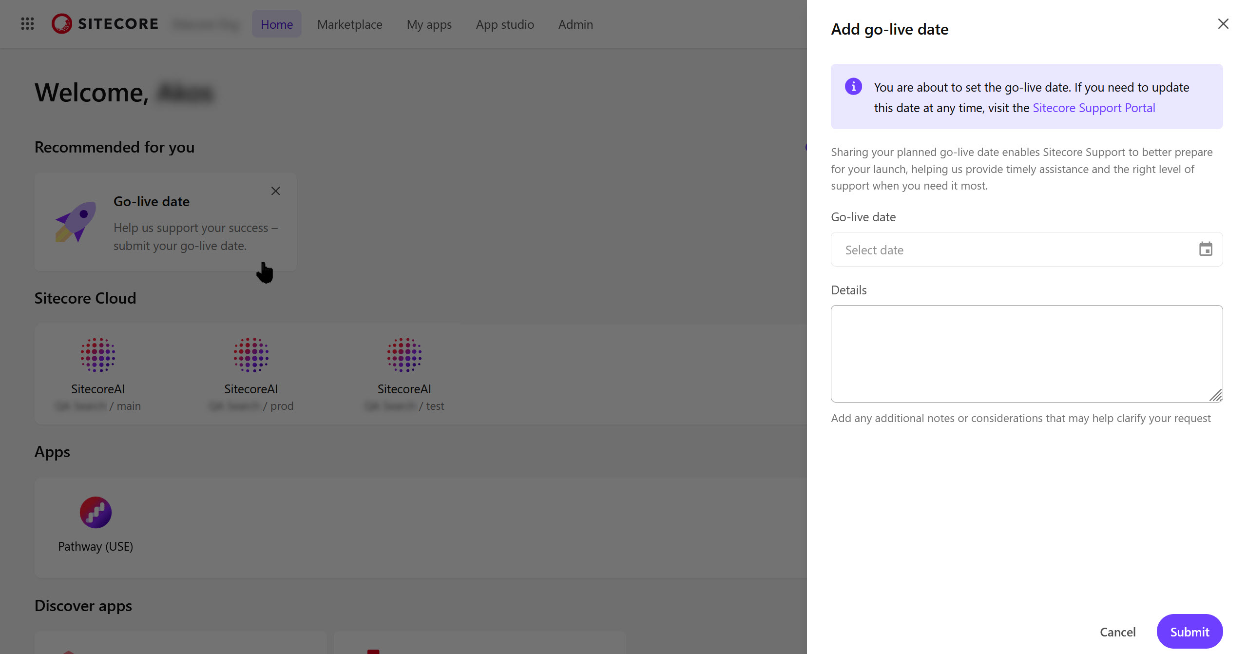 The Add go-live date dialog in the Sitecore Cloud Portal The Add go-live date dialog in the Sitecore Cloud Portal