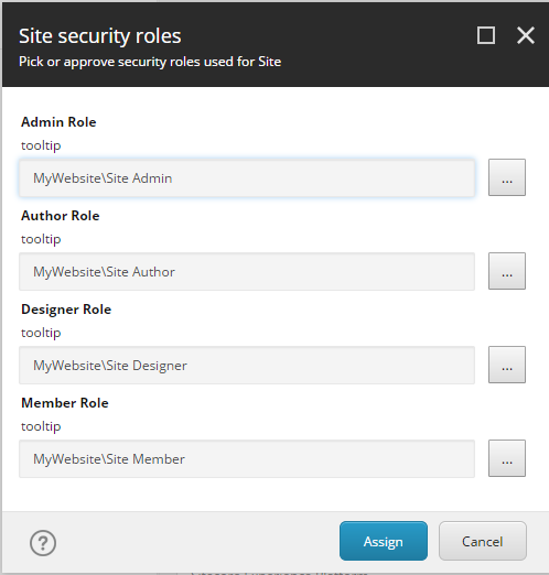 Site security roles dialog box. Site security roles dialog box.