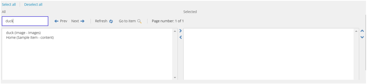 A simple text search in a multilist with search field in the Content Editor